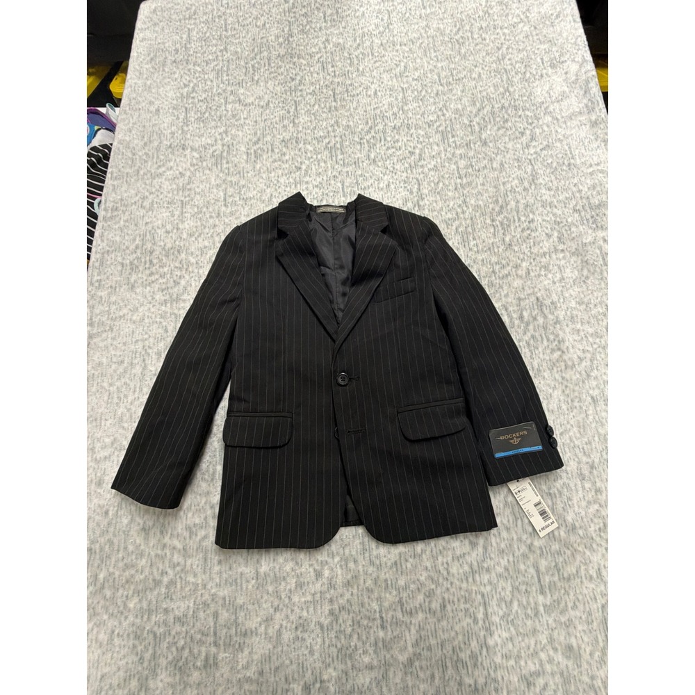 Dockers Boys Black Pinstripe Suit Jacket Blazer Size 6‎ Regular S4687U-HT-I NWT